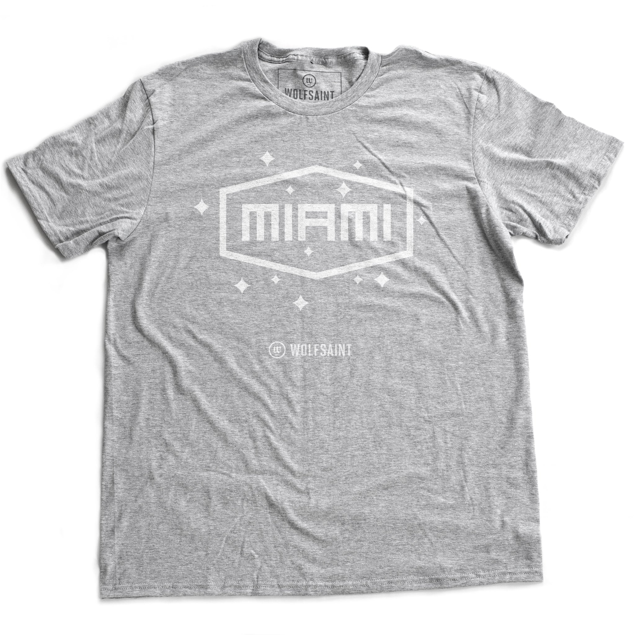A vintage-inspired, retro fashion t-shirt in classic Heather Gray with a simple “MIAMI” graphic in a field of stars. From wolfsaint.net