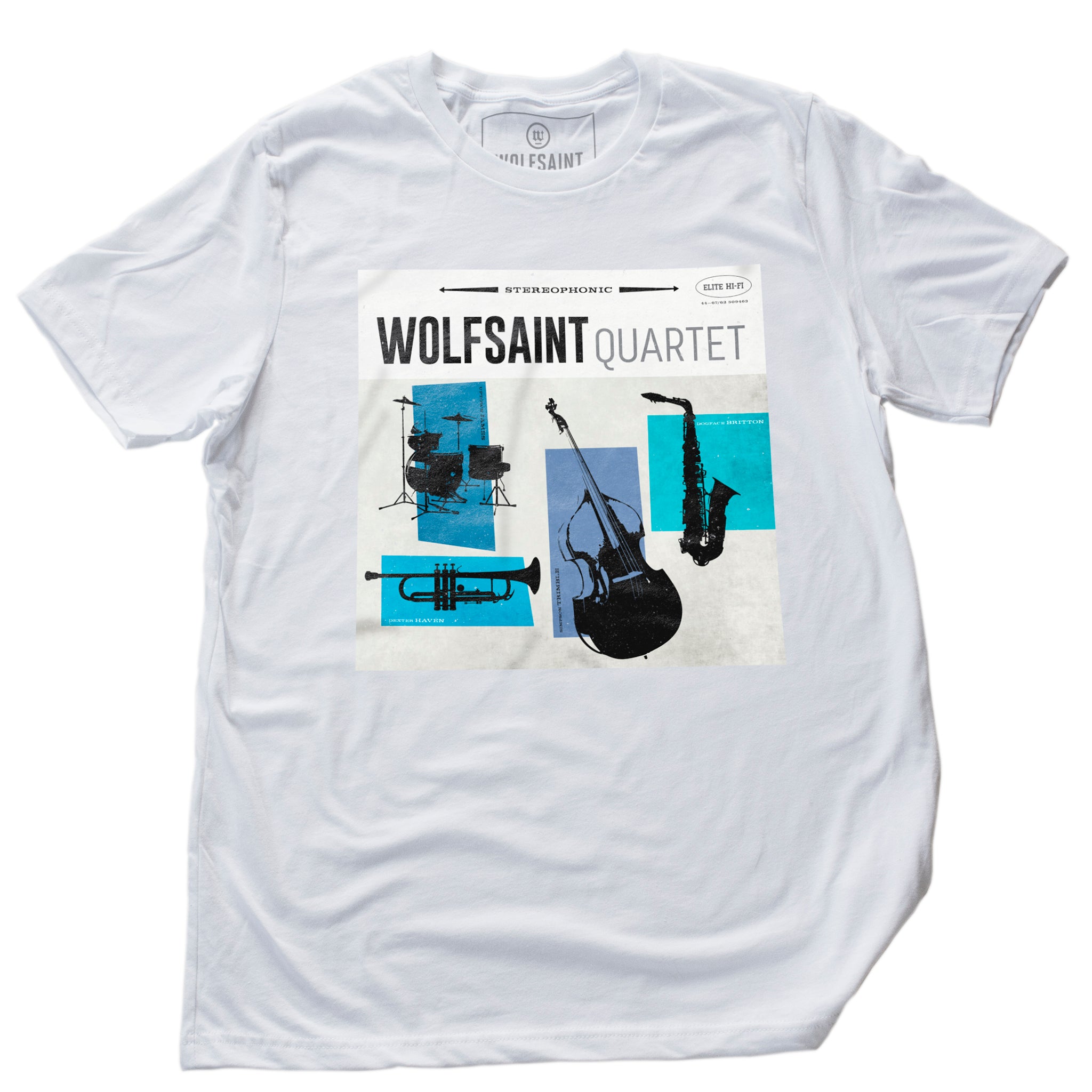 A white unisex fashion t-shirt celebrating 1950s jazz music with a vintage fiction album cover art with retro graphics of drums, saxophone, acoustic standup bass, and trumpet, for the Wolfsaint Quartet. From Wolfsaint.net
