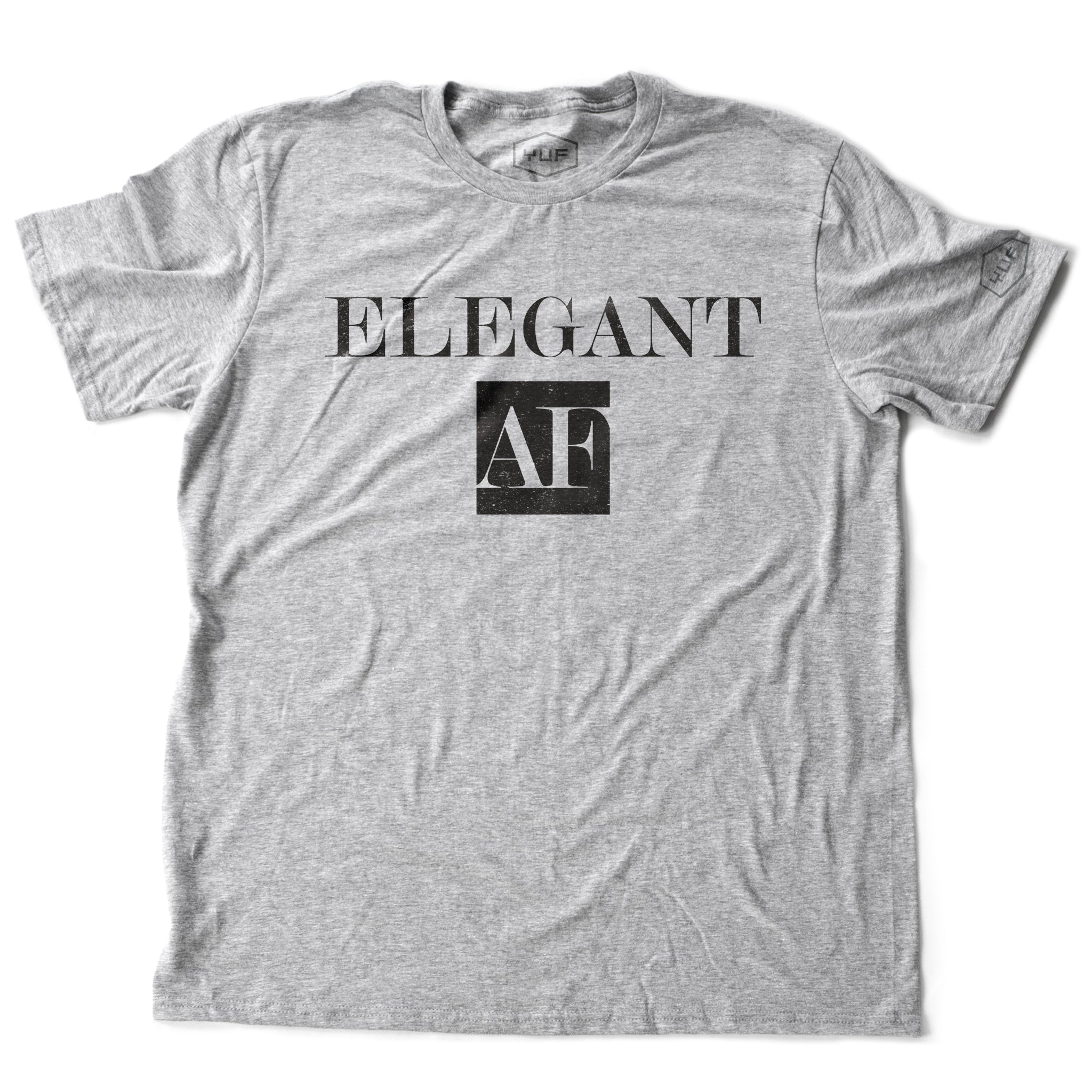 A heather gray t-shirt with the sarcastic, meme-influenced typographic “ELEGANT AF” — By fashion brand YUF, from wolfsaint.net