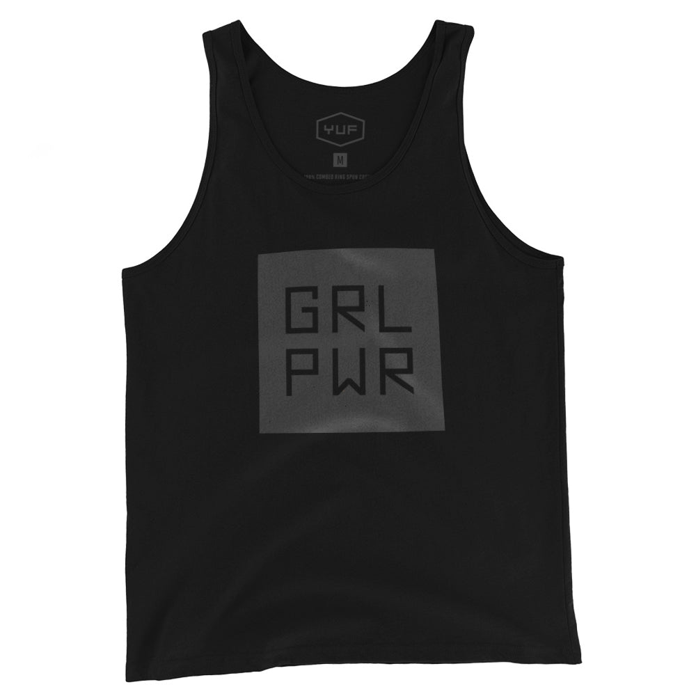 A black unisex tank t-shirt with a bold graphic representing “Girl Power,” abbreviated as GRL PWR. By fashion brand YUF, from wolfsaint.net