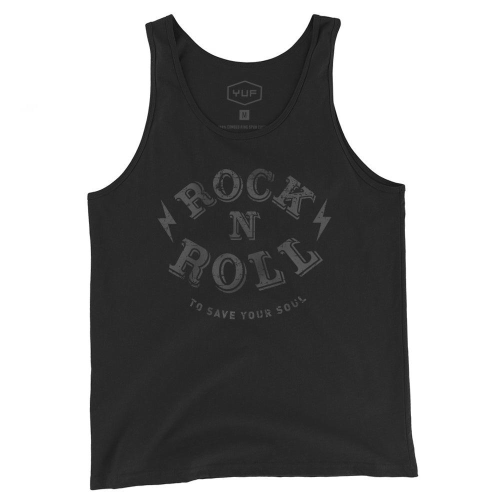 A BLACK unisex tank top with the retro graphic that reads “Rock n Roll to save your soul” with dual lightning bolts. By fashion brand YUF. From Wolfsaint.net