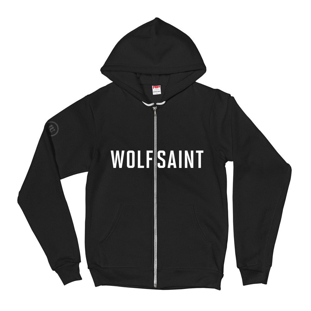 A fashionable trendy black zippered hoodie sweatshirt with the WOLFSAINT gothic logo in white across the chest. From fashion brand wolfsaint.net
