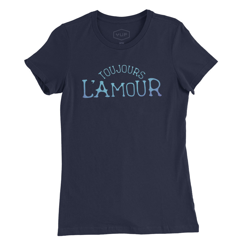 A women’s cut fashion t-shirt in Classic Navy Blue with the retro, vintage-inspired typographic statement “TOUJOURS L’AMOUR,” French for “love always.” By fashion brand YUF, from Wolfsaint.net