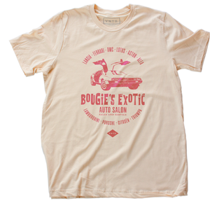 Soft Cream retro t-shirt with vintage graphic design for a fictional auto / car mechanic, featuring an image of a Delorean, and text for classic cars Lancia, Ferrari, DMC, Lotus, Aston Martin, Lamborghini, Porsche, Citroen, and Triumph. By VNTG brand. From wolfsaint.net