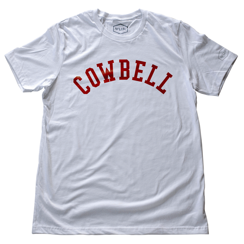 A classic, retro, college-style t-shirt inspired by the classic Saturday Night Live comedy skit featuring Will Ferrell and Christopher Walken, “I got a fever and the only cure is more Cowbell.” This COWBELL tee is like a Cornell University t-shirt. From fashion brand YUF, available on wolfsaint.net