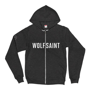 A fashionable trendy Dark Heather Gray zippered hoodie sweatshirt with the WOLFSAINT gothic logo in white across the chest. From fashion brand wolfsaint.net