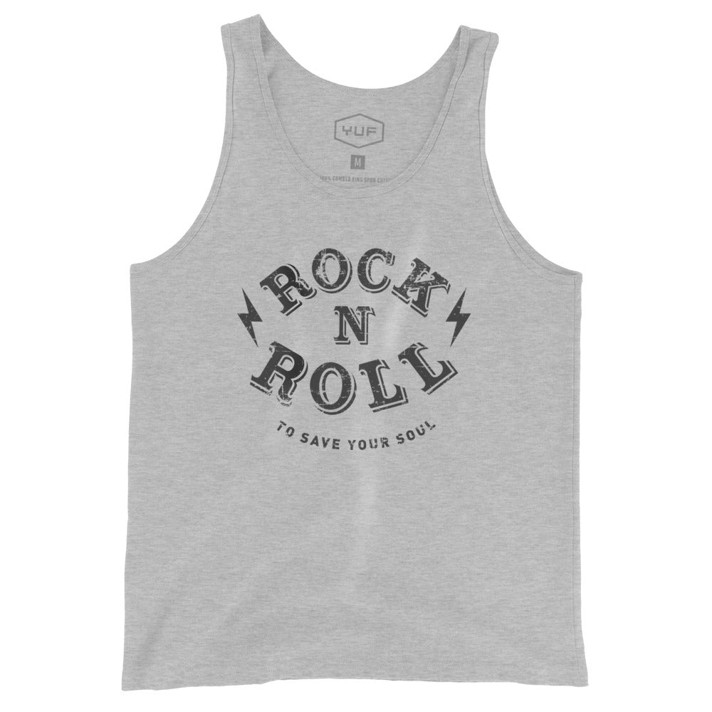 An Athletic Heather Gray unisex tank top with the retro graphic that reads “Rock n Roll to save your soul” with dual lightning bolts. By fashion brand YUF, for Wolfsaint.net