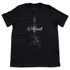 A retro design, vintage-inspired t-shirt for a fictional vintage guitars shop. Featuring a graphic on the front of a Gibson Es-335 guitar and the Wolfsaint script logo, and an imaginary address on the back. From Wolfsaint.net