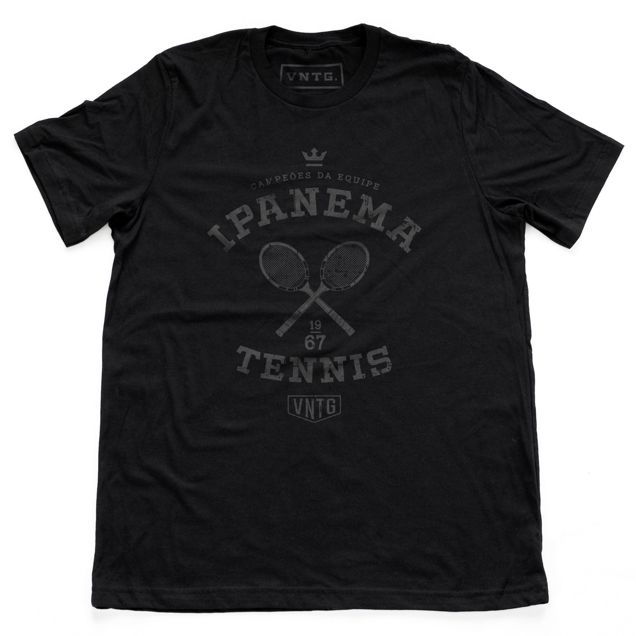 Vintage-inspired, retro graphic sports t-shirt in Black, as a ‘team’ shirt for a fictitious tennis team championship in Ipanema, Rio de Janeiro, Brazil. By fashion brand VNTG., from wolfsaint.net