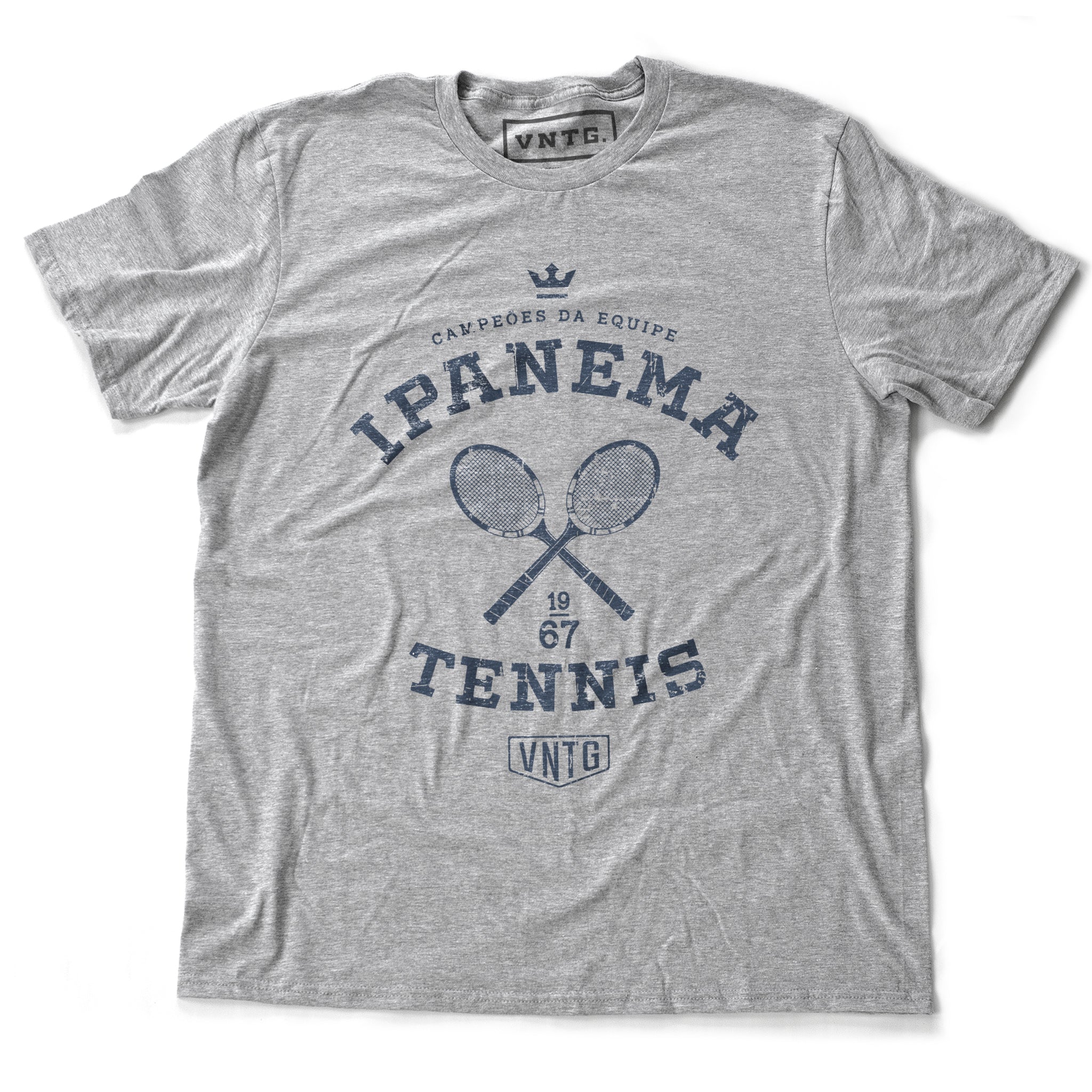 Vintage-inspired, retro graphic sports t-shirt in Athletic Heather Gray, as a ‘team’ shirt for a fictitious tennis team championship in Ipanema, Rio de Janeiro, Brazil. By fashion brand VNTG., from wolfsaint.net