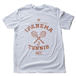 Vintage-inspired, retro graphic sports t-shirt in White and Clay, as a ‘team’ shirt for a fictitious tennis team championship in Ipanema, Rio de Janeiro, Brazil. By fashion brand VNTG., from wolfsaint.net