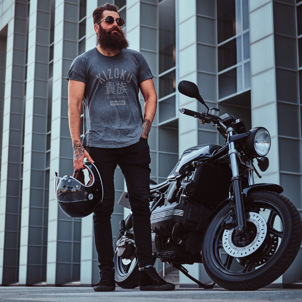 A GIF slideshow with t-shirts and a man wearing one of the shirts. A fashion t-shirt with the bold typographic of the Japanese word “KIZOKU” and “a nobleman / aristocracy” below the Japanese characters. By the fashion brand Ruston/Bond, from wolfsaint.net. 