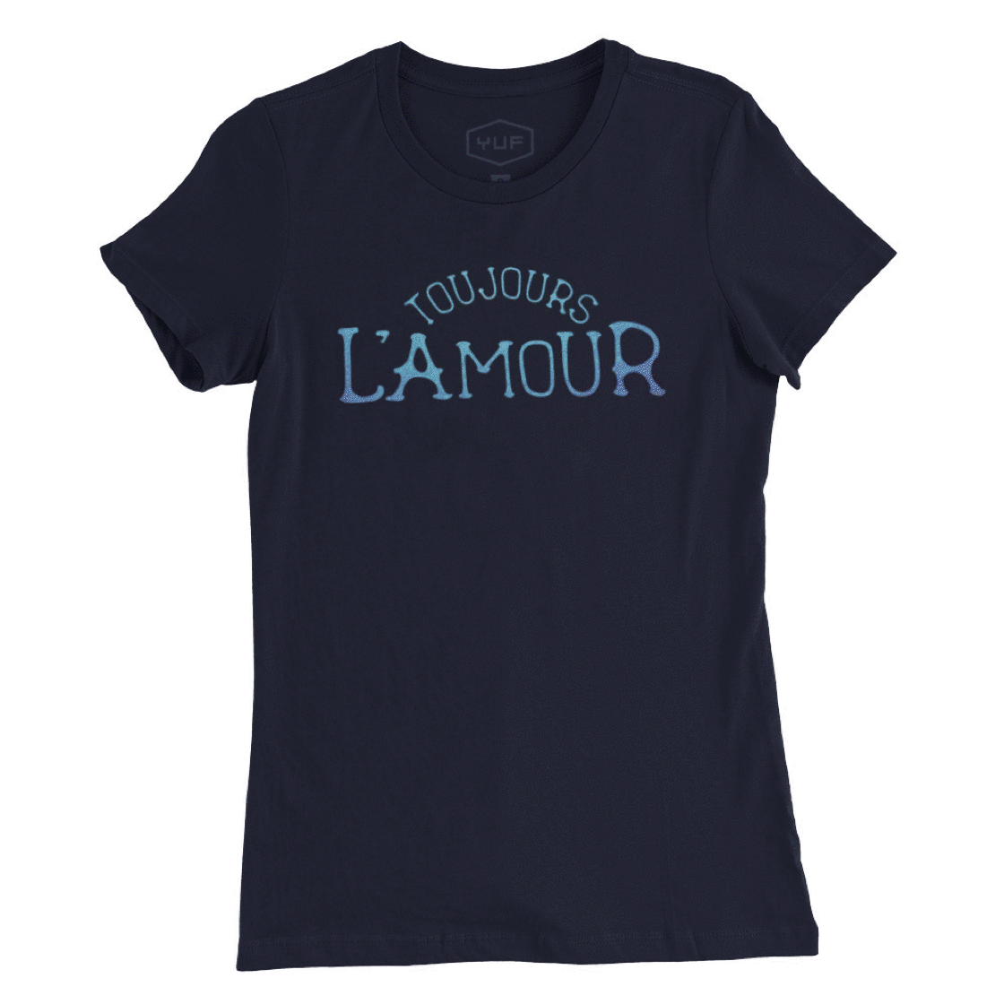 A GIF showing multiple versions of a fashion t-shirt with the retro, vintage-inspired typographic statement “TOUJOURS L’AMOUR,” French for “love always.” By fashion brand YUF, from Wolfsaint.net