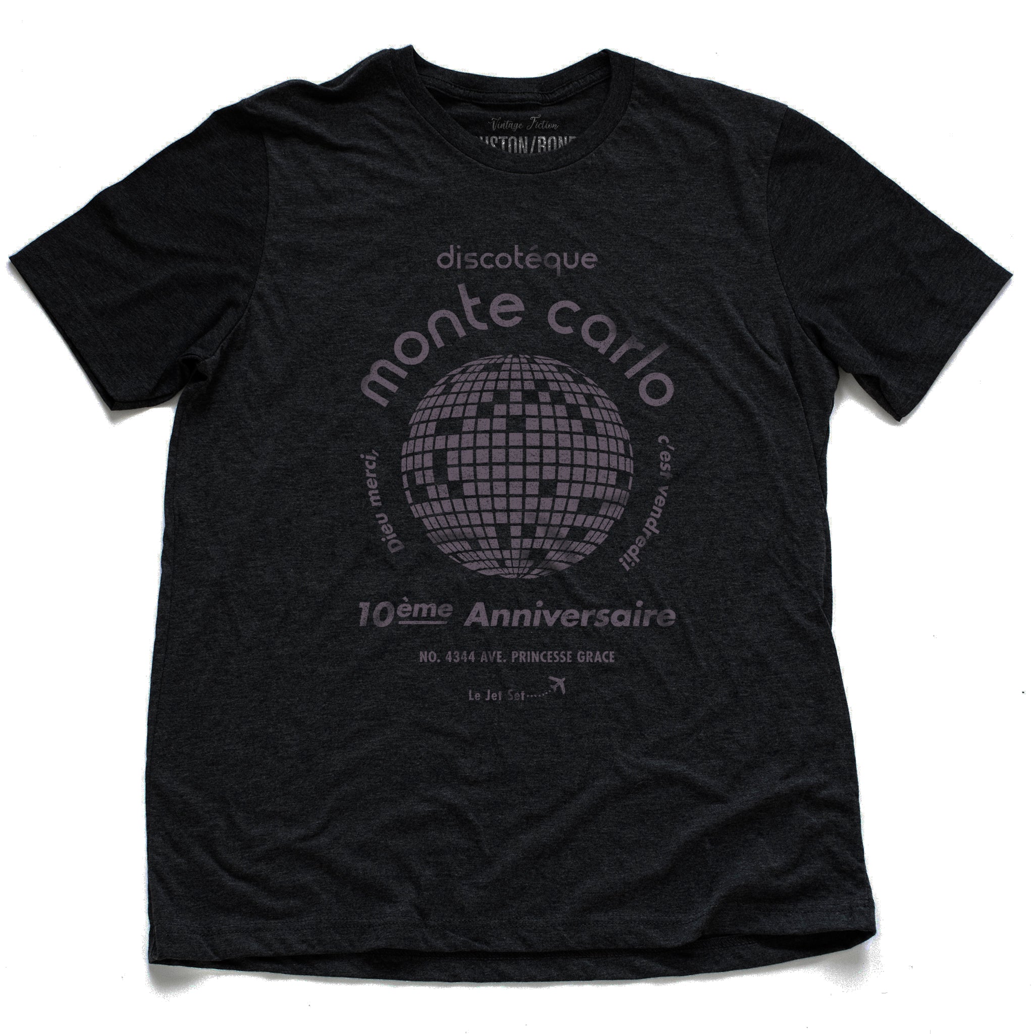 A retro, vintage-inspired t-shirt in black heather, with a disco ball graphic, promoting a fictional Monte Carlo discotheque from the 1970s and 80s. By fashion brand Ruston/Bond, from wolfsaint.net