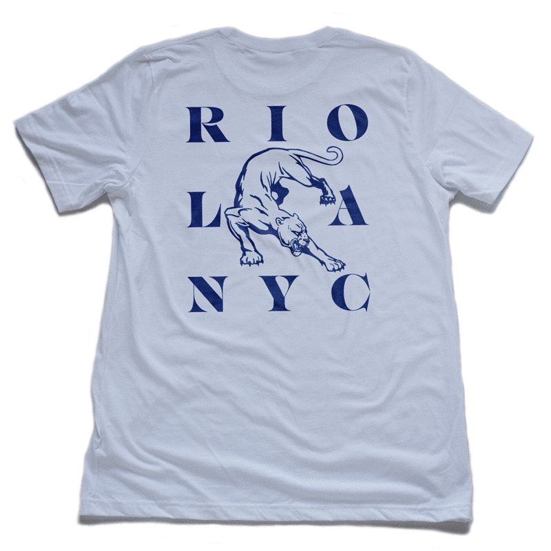A GIF showing the front and back of a graphic t-shirt for the Wolfsaint brand, with the Wolfsaint script logo on the front, and a big panther surrounded by Wolfsaint cities NYC, LA, and Rio on the back. In White and black versions. From Wolfsaint.net 
