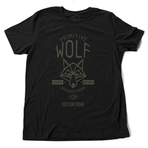 A fashionable, retro t-shirt in Classic Black, featuring a graphic of a “Primitive Wolf” and the text “Seriously mean” and “electric attitude.” By fashion brand Ruston/Bond, from wolfsaint.net