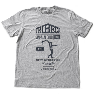 A classic, vintage-inspired, retro graphic t-shirt for an imaginary sports club in TriBeCa, New York City—“TriBeCa Jai-Alai Club, city athletics, 1978.” By fashion brand RUSTON/BOND, from wolfsaint.net