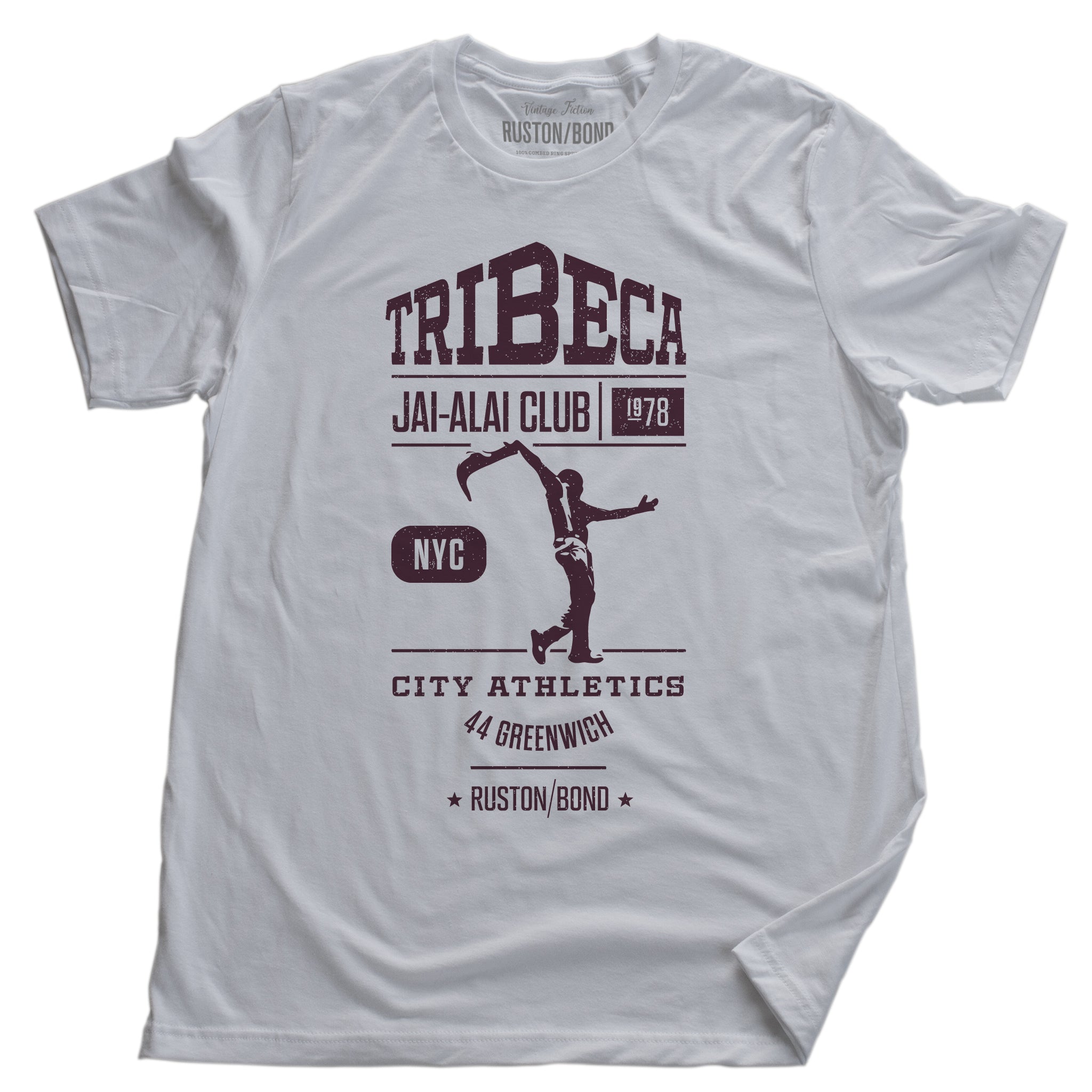 A classic, vintage-inspired, retro graphic t-shirt for an imaginary sports club in TriBeCa, New York City—“TriBeCa Jai-Alai Club, city athletics, 1978.” By fashion brand RUSTON/BOND, from wolfsaint.net