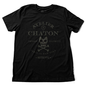 Black retro, vintage-inspired fashion t-shirt for a fictional graphic design studio in Paris and New York, featuring a graphic of a cat skull and cross bones, from brand Ruston/Bond