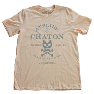 Soft Cream retro, vintage-inspired fashion t-shirt for a fictional graphic design studio in Paris and New York, featuring a graphic of a cat skull and cross bones, from brand Ruston/Bond. From wolfsaint.net
