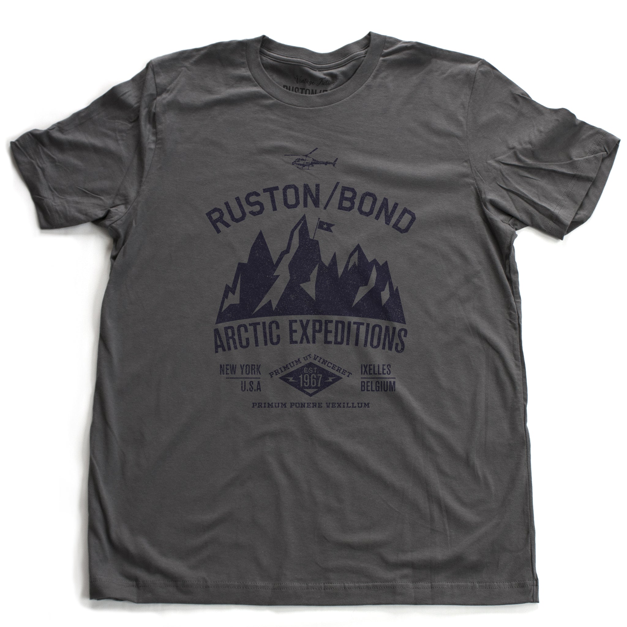 Asphalt Gray / Grey  classic, fashion, retro inspired t-shirt, with a fictional advertisement for an adventure company called Ruston/Bond Arctic Expeditions. It shows a mountain range and a helicopter, and lists the company locations in New York City and Ixelles, Belgium, and a Latin quote.