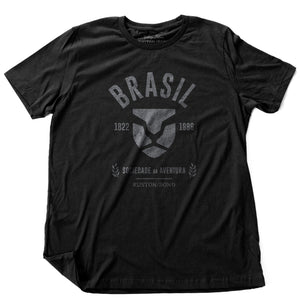 Black fashion, retro-inspired t-shirt featuring classic graphic of a strong, minimalist Lion head, for a fictional adventure society in Brazil / Brasil from 1822 to 1888, by the brand Ruston/Bond. From wolfsaint.net