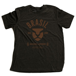 Dark Gray Heather fashion, retro-inspired t-shirt featuring classic graphic of a strong, minimalist Lion head, for a fictional adventure society in Brazil / Brasil from 1822 to 1888, by the brand Ruston/Bond. From wolfsaint.net