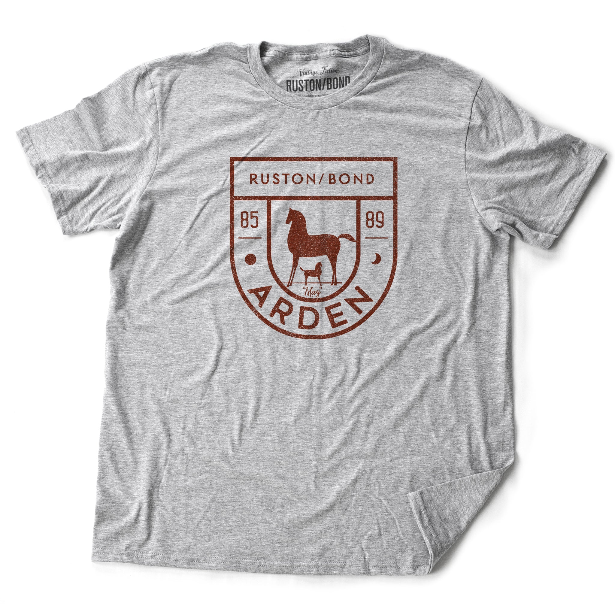 Athletic Gray vintage, retro-inspired fashion t-shirt, with elegant classic typography and a horse (mare) and foal with an equestrian, horse-riding theme, and 80s date: 1985 - 1989. By brand Ruston/Bond.