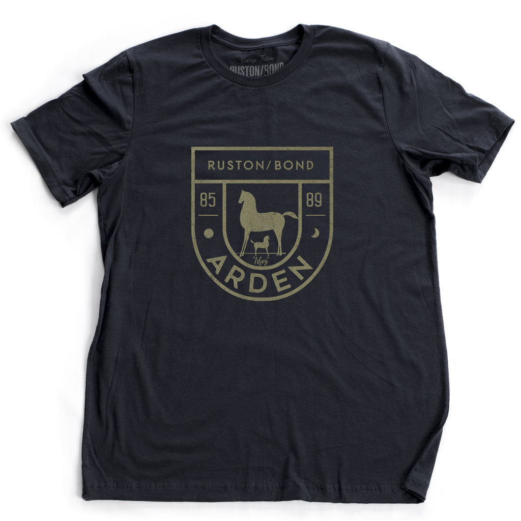 Navy Blue vintage, retro-inspired fashion t-shirt, with elegant classic typography and a horse (mare) and foal with an equestrian, horse-riding theme, and 80s date: 1985 - 1989.