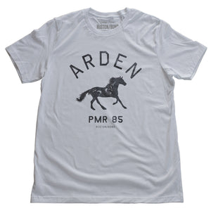 White vintage, retro-inspired fashion t-shirt, with elegant classic typography and a running horse with an equestrian, horse-riding theme. From wolfsaint.net