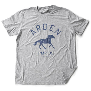 Athletic Gray vintage, retro-inspired fashion t-shirt, with elegant classic typography and a running horse with an equestrian, horse-riding theme. From wolfsaint.net