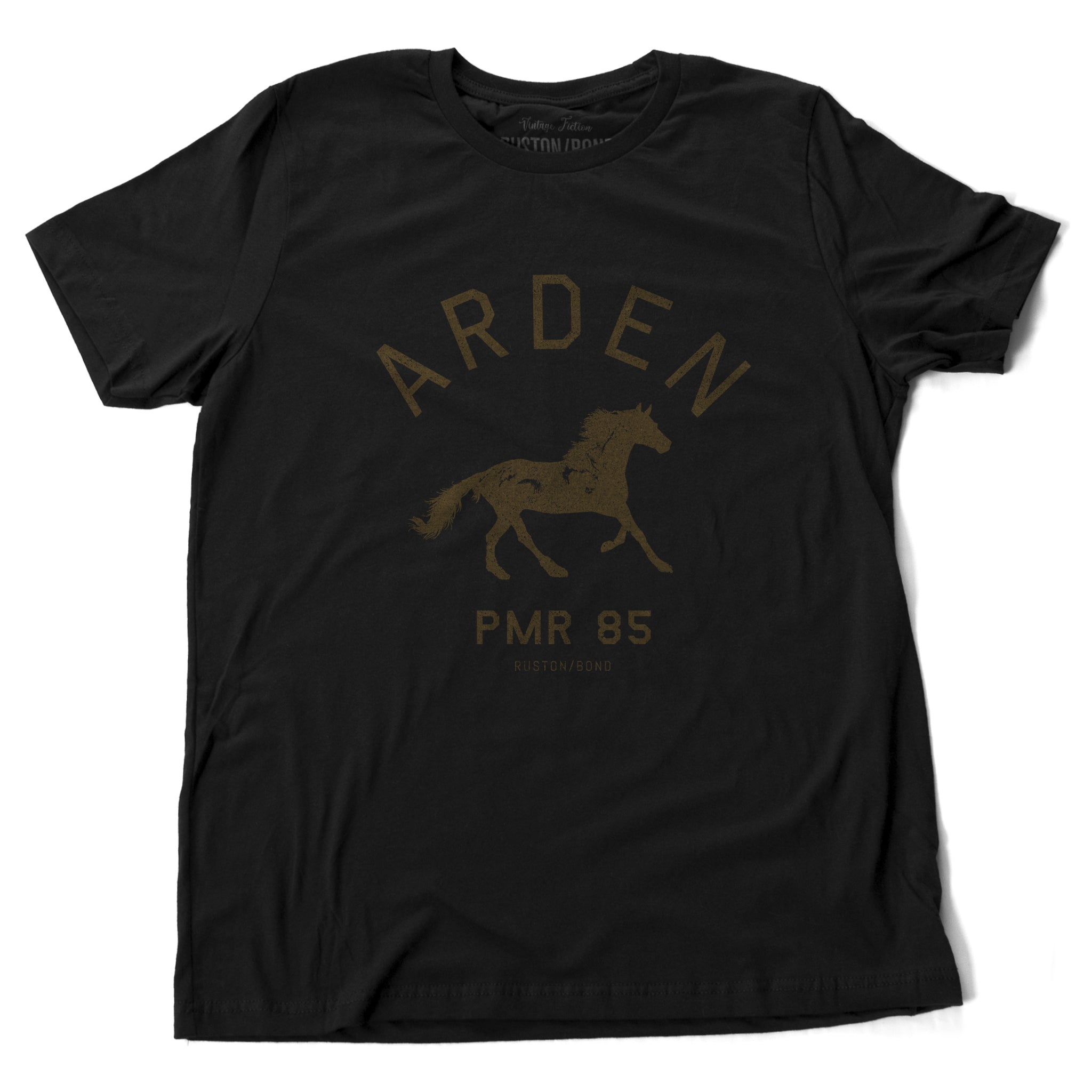 Black vintage, retro-inspired fashion t-shirt, with elegant classic typography and a running horse with an equestrian, horse-riding theme. From wolfsaint.net