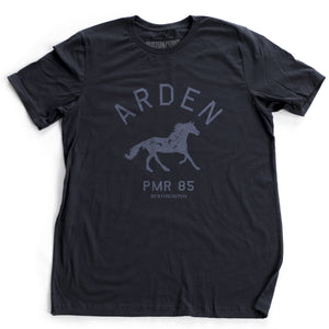 Navy Blue vintage, retro-inspired fashion t-shirt, with elegant classic typography and a running horse with an equestrian, horse-riding theme. From wolfsaint.net