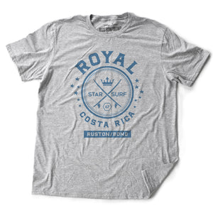 A vintage-inspired Athletic Heather Gray t-shirt with a retro graphic of crossed surfboards and a crown, surrounded by the words ROYAL / STAR SURF / COSTA RICA. By the fashion brand Ruston/Bond, for Wolfsaint.net
