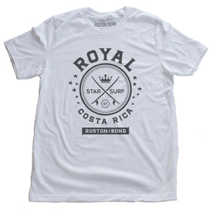 A vintage-inspired White t-shirt with a retro graphic of crossed surfboards and a crown, surrounded by the words ROYAL / STAR SURF / COSTA RICA. By the fashion brand Ruston/Bond, for Wolfsaint.net