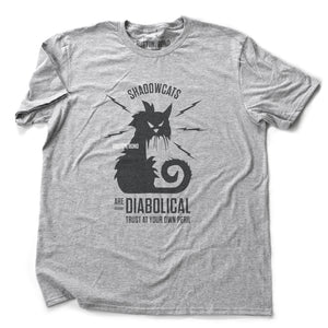 A sarcastic retro graphic t-shirt in Heather Gray, with a classic vintage design, featuring an angry, electric cat surrounded by the words “Shadowcats are diabolical—trust at your own peril.” By fashion brand Ruston/Bond, for wolfsaint.net