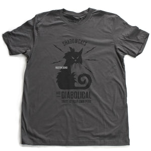 A sarcastic retro graphic t-shirt in Asphalt Gray, with a classic vintage design, featuring an angry, electric cat surrounded by the words “Shadowcats are diabolical—trust at your own peril.” By fashion brand Ruston/Bond, for wolfsaint.net