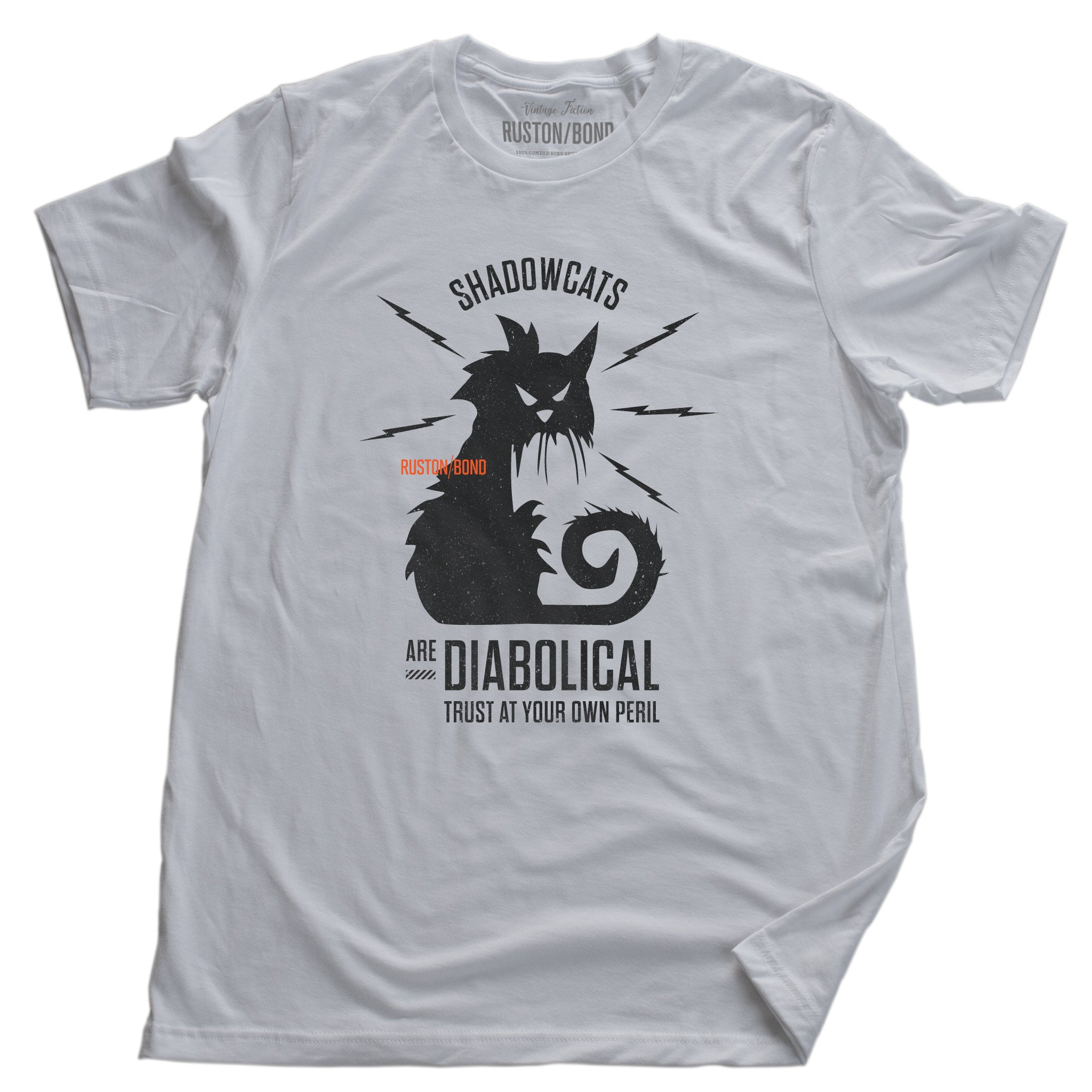 A sarcastic retro graphic t-shirt in White, with a classic vintage design, featuring an angry, electric cat surrounded by the words “Shadowcats are diabolical—trust at your own peril.” By fashion brand Ruston/Bond, for wolfsaint.net