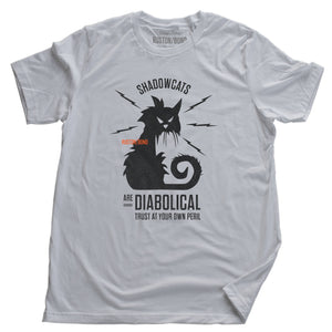 A sarcastic retro graphic t-shirt in White, with a classic vintage design, featuring an angry, electric cat surrounded by the words “Shadowcats are diabolical—trust at your own peril.” By fashion brand Ruston/Bond, for wolfsaint.net