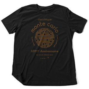 A retro, vintage-inspired t-shirt in black, with a disco ball graphic, promoting a fictional Monte Carlo discotheque from the 1970s and 80s. By fashion brand Ruston/Bond, from wolfsaint.net