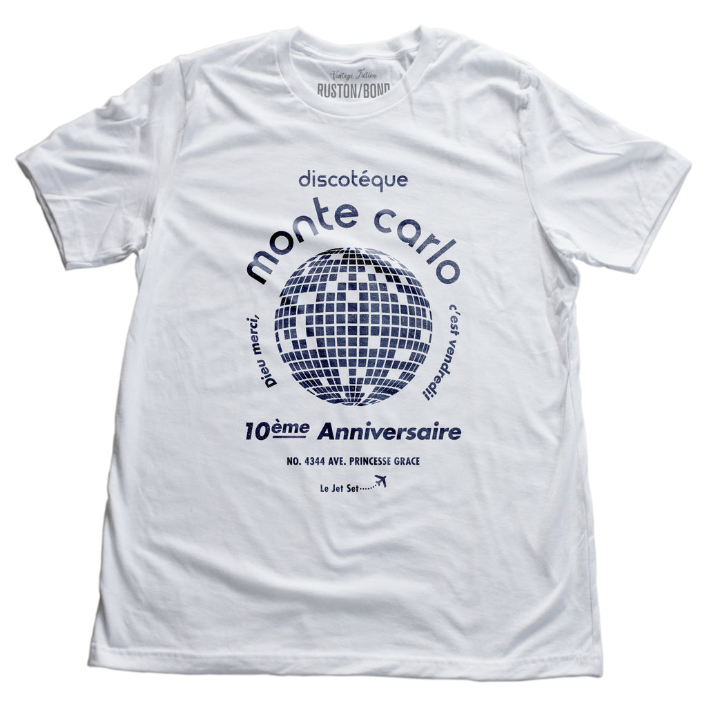 A retro, vintage-inspired t-shirt in white, with a disco ball graphic, promoting a fictional Monte Carlo discotheque from the 1970s and 80s. By fashion brand Ruston/Bond, from wolfsaint.net