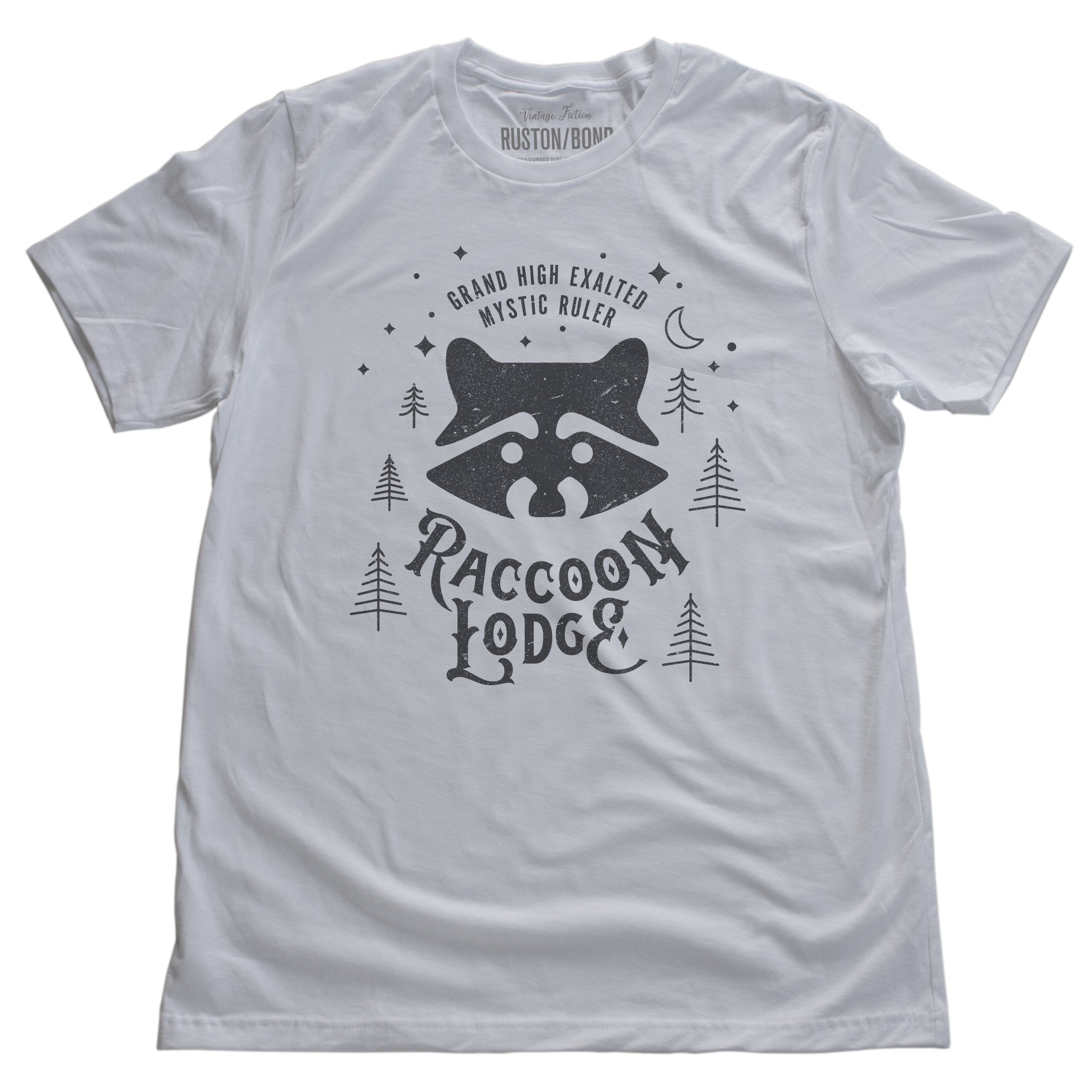 A vintage-look, retro t-shirt in White, inspired by Ralph Kramden and Ed Norton’s club on The Honeymooners tv show. The graphic depicts the Raccoon Lodge from the tv show. By fashion brand Ruston/Bond, for wolfsaint.net