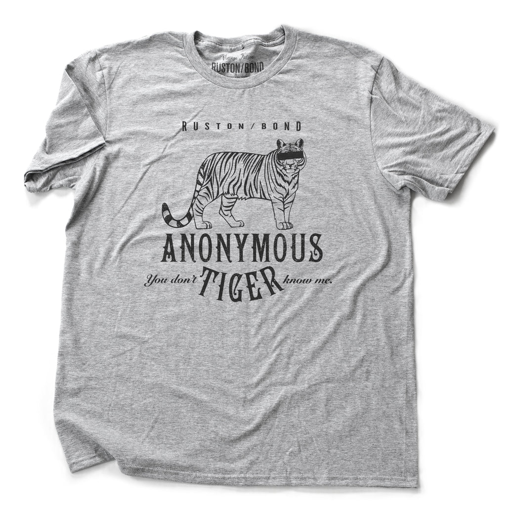 Athletic Gray retro, vintage-inspired fashion t-shirt with a sarcastic graphic of a masked, anonymous tiger and the text "You don't know me" by Ruston/Bond brand. From wolfsaint.net