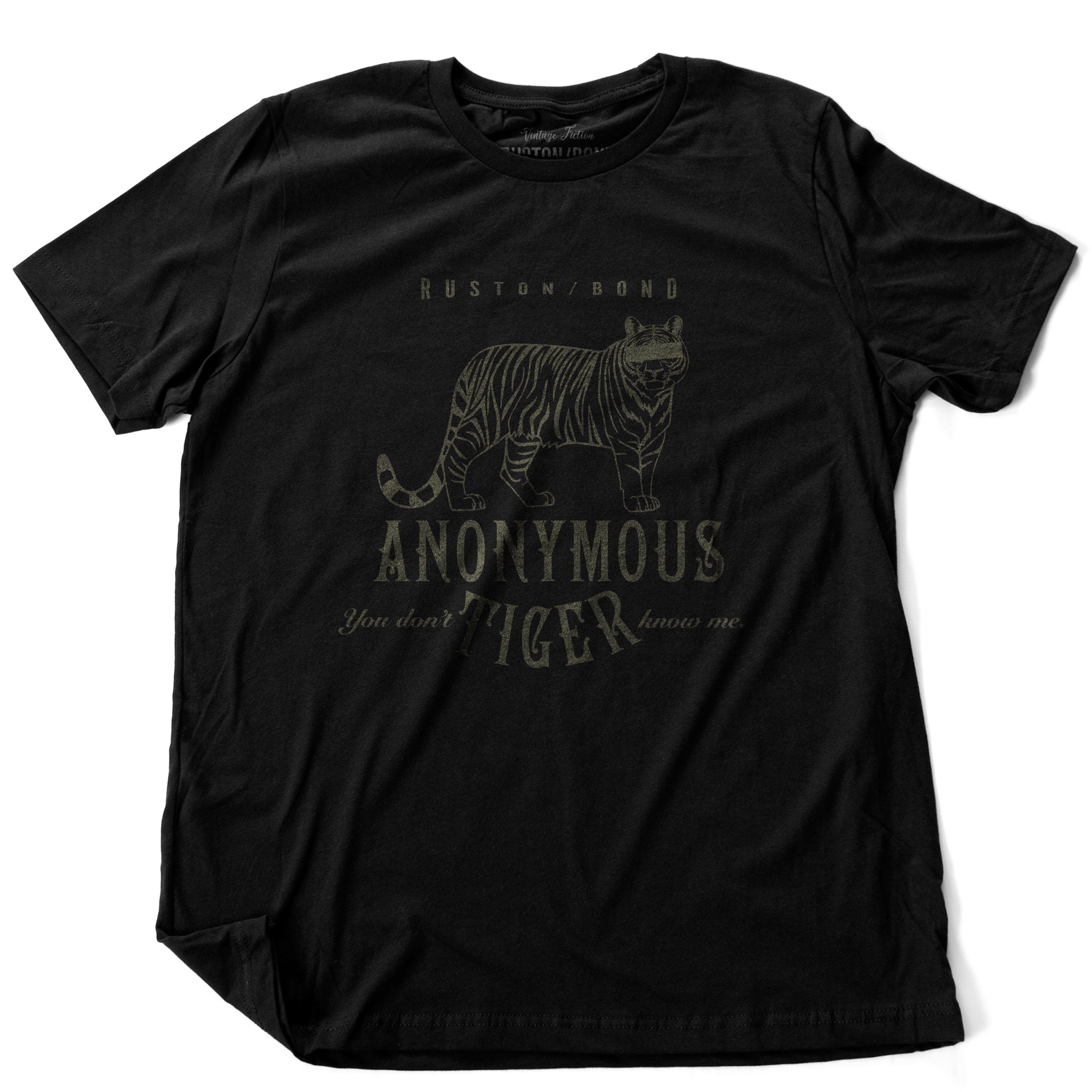 Black retro, vintage-inspired fashion t-shirt with a sarcastic graphic of a masked, anonymous tiger and the text "You don't know me" by Ruston/Bond brand. From wolfsaint.net