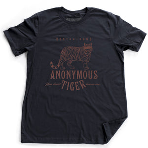 Navy Blue retro, vintage-inspired fashion t-shirt with a sarcastic graphic of a masked, anonymous tiger and the text "You don't know me" by Ruston/Bond brand. From wolfsaint.net