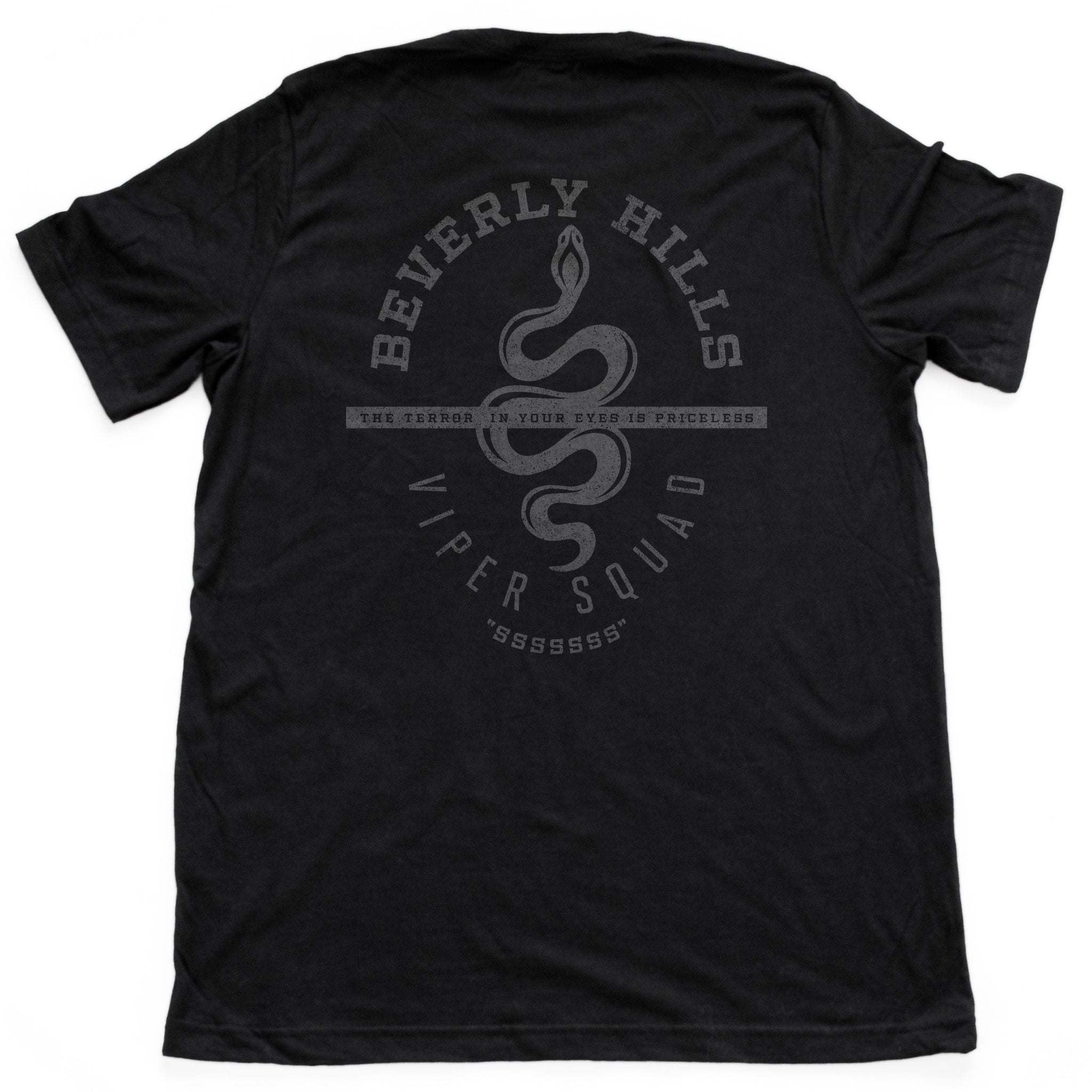 Retro, vintage-inspired sarcastic fashion t-shirt with a graphic design snake (viper), for a fictional club or gang in Beverly Hills, California. From the brand Ruston/Bond.