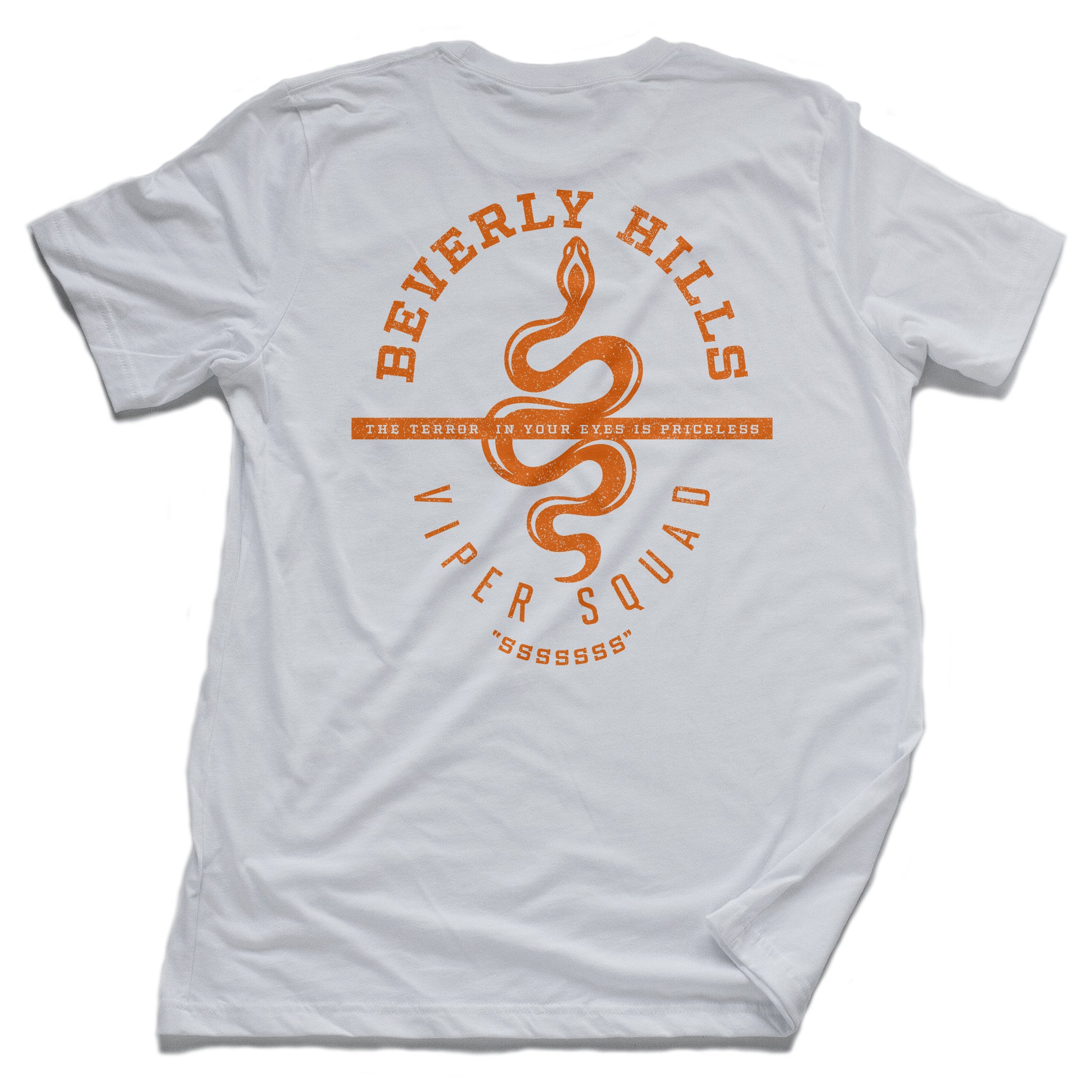 Retro, vintage-inspired sarcastic fashion t-shirt with a graphic design snake (viper), for a fictional club or gang in Beverly Hills, California. From the brand Ruston/Bond. From wolfsaint.net