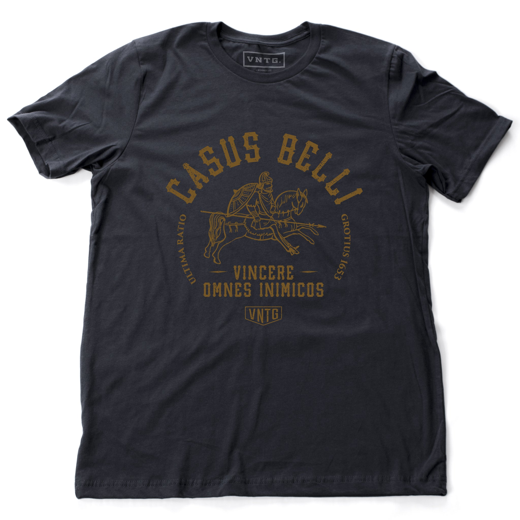 This classic, navy blue vintage-inspired retro t-shirt was inspired by an episode of Seinfeld. It features a beautiful historical military figure on horseback, referring to a Latin phrase “conquer all enemies” – by the brand VNTG, for wolfsaint.net