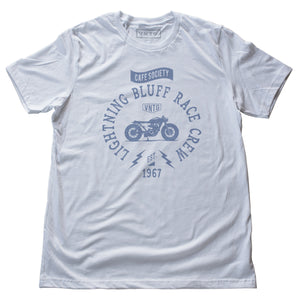 A vintage-inspired retro t-shirt for a fictitious motorcycle race crew. For the café racer genre of vintage motorcycles, this shirt reads “Lightning Bluff Race Crew, established 1967” in White, by fashion brand VNTG., for wolfsaint.net 