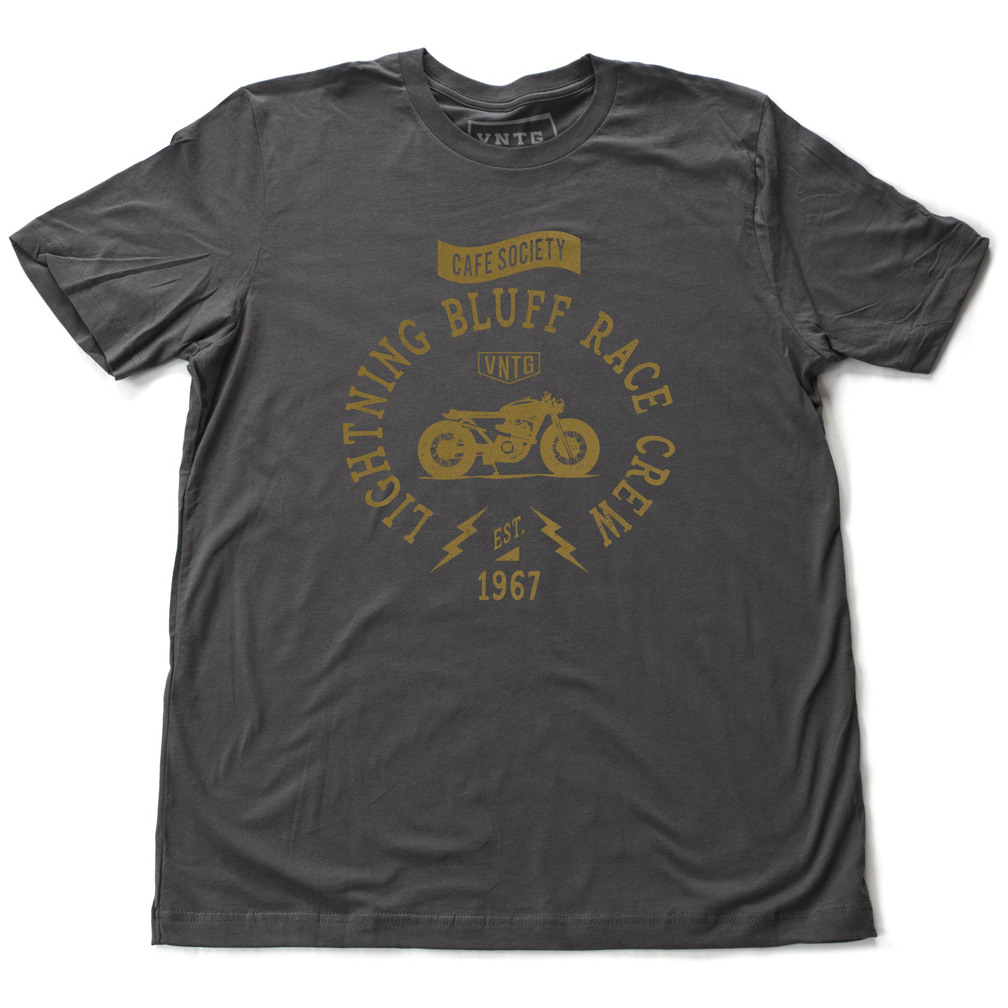 A vintage-inspired retro t-shirt for a fictitious motorcycle race crew. For the café racer genre of vintage motorcycles, this shirt reads “Lightning Bluff Race Crew, established 1967” in Asphalt Gray, by fashion brand VNTG., for wolfsaint.net 